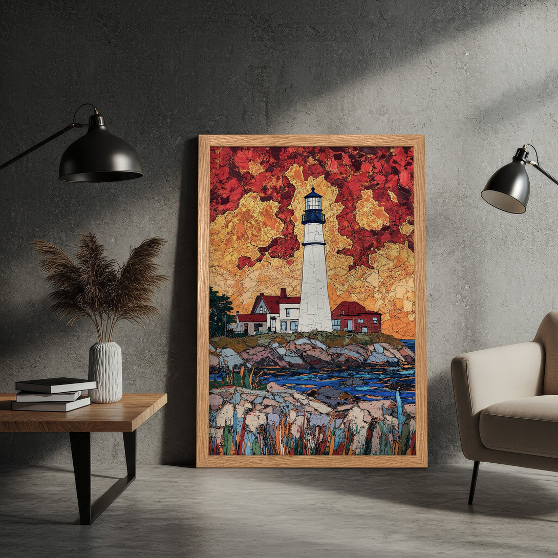 Framed Poster of a lighthouse in a mosaic style, featuring a vibrant red, yellow, and blue color palette. Perfect wall art!