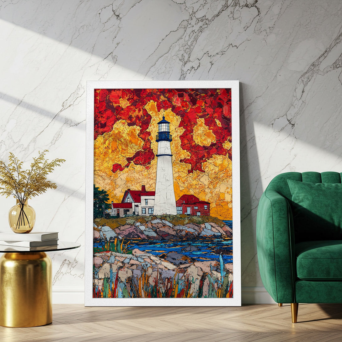 Framed Poster featuring a lighthouse art print in vibrant red, yellow, and blue hues. Perfect wall decor!