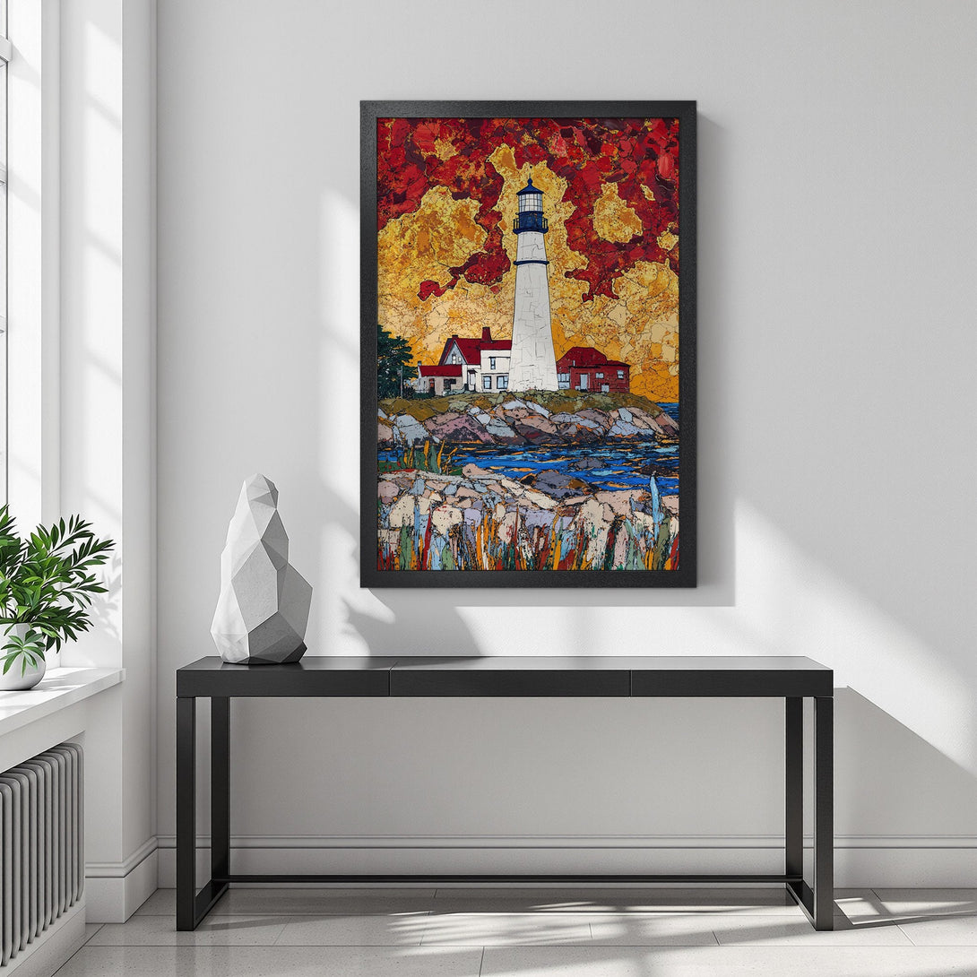 Framed Poster of a lighthouse with vibrant red and yellow background. Coastal art in a modern style, perfect for home decor.
