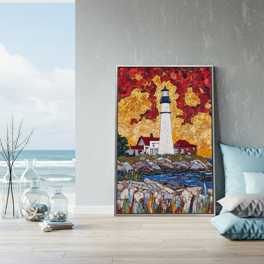 Framed Wall Art featuring a lighthouse painting with a vibrant red, yellow, and blue color palette. Coastal decor for a stylish home.