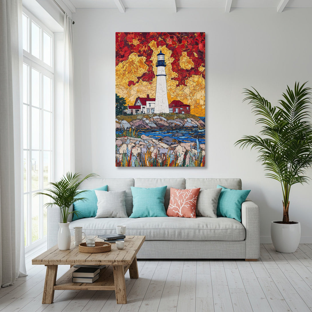 Framed Wall Art: Lighthouse painting in warm tones. Coastal decor inspiration with blue, red, and gold palette. Enhance your living room with this stunning artwork.