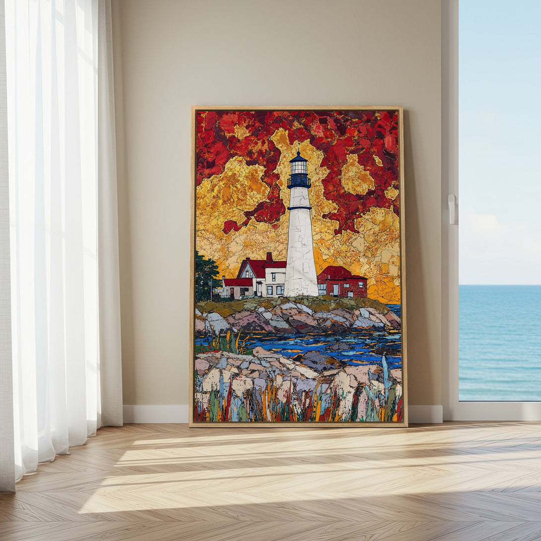 Framed Wall Art: Lighthouse Canvas Print with vibrant red, yellow, and blue color palette. Coastal art in a modern interior setting.