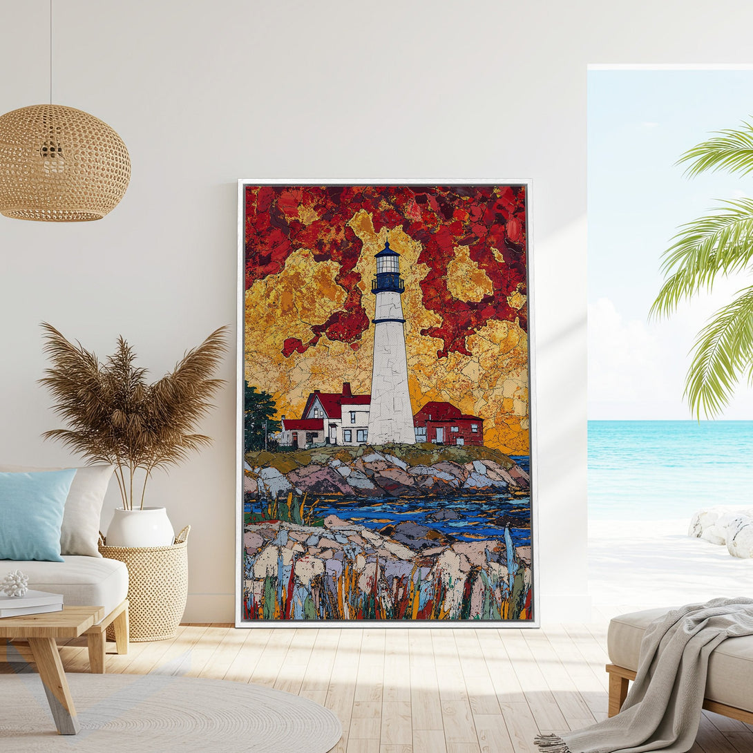 Framed Wall Art: Vibrant lighthouse painting with red & gold sky. Coastal style art print in a modern interior. Enhance your home decor!