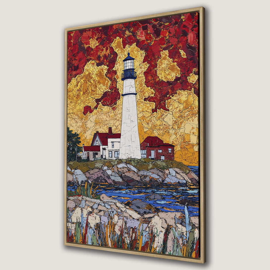 Framed Wall Art featuring a lighthouse painting in a textured, impressionistic style. Warm red, yellow, and blue color palette adds a vibrant touch to any space.