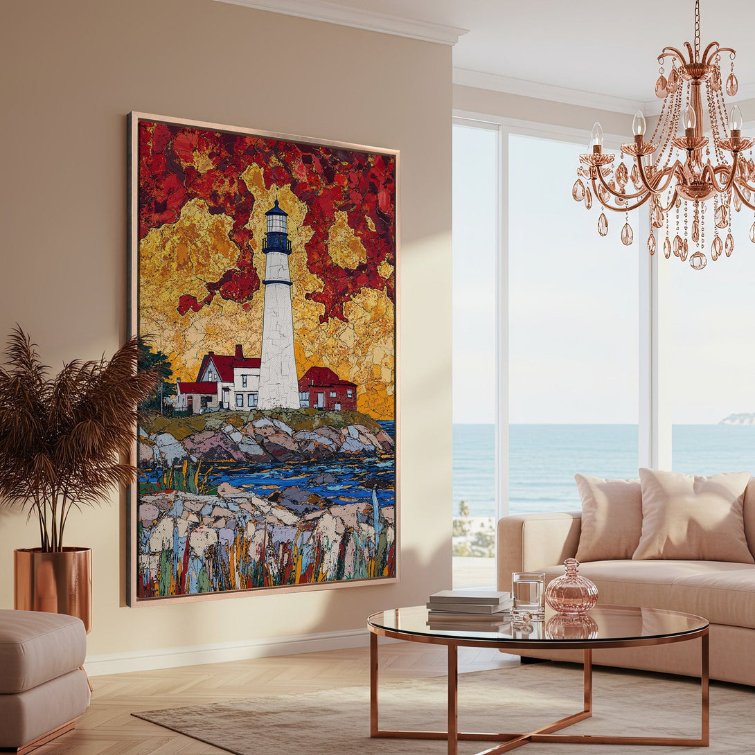 Framed Wall Art: Lighthouse Canvas Print. Coastal art in warm red, yellow, and blue tones. Perfect for adding a touch of art to your home decor.