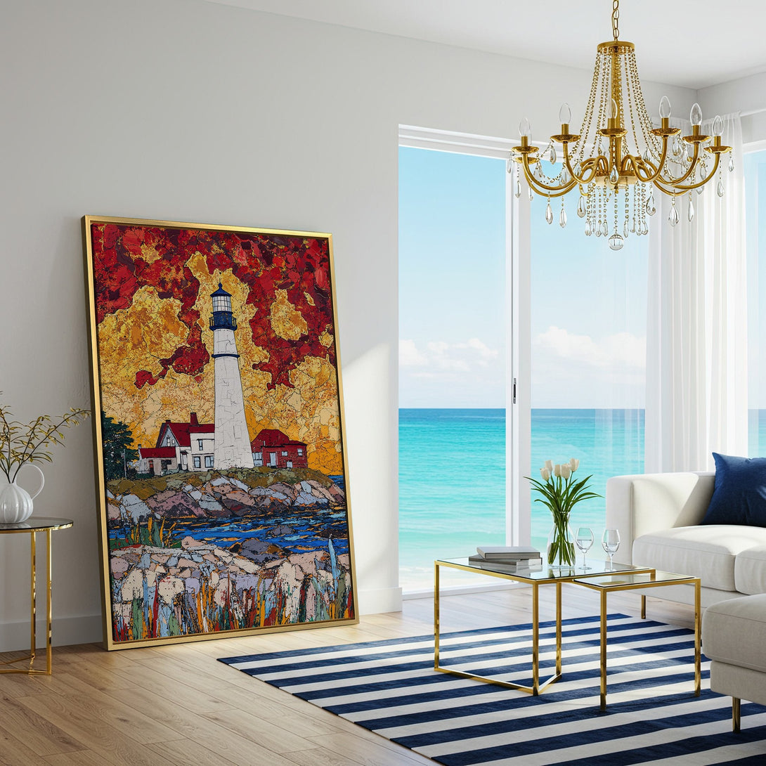 Canvas Print of a lighthouse in a vibrant, abstract style with a warm red and yellow color palette, perfect for coastal decor.