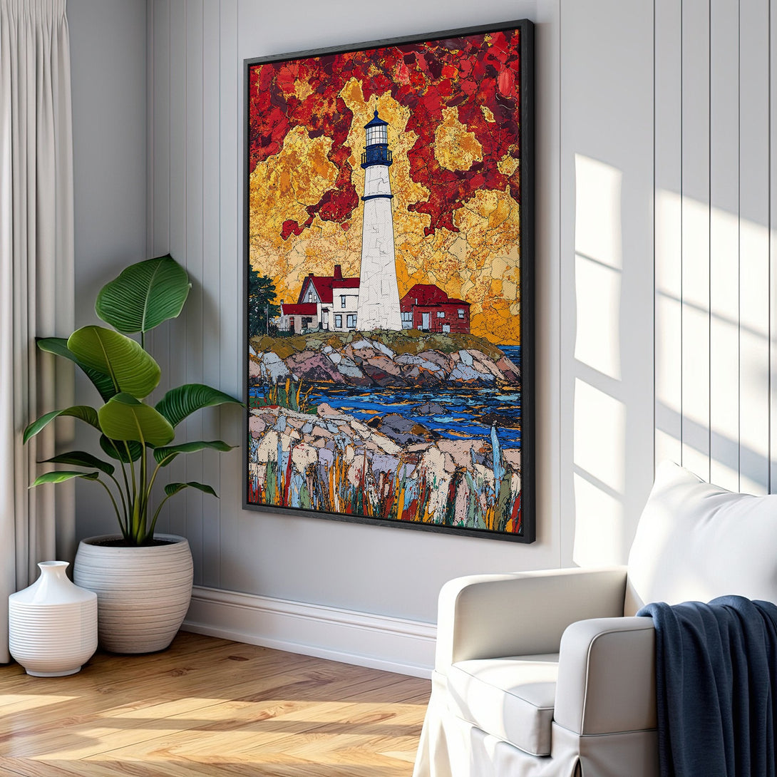 Framed Wall Art featuring a lighthouse painting in a vibrant, textured style with a warm red, yellow, and blue color palette. Perfect for coastal decor.