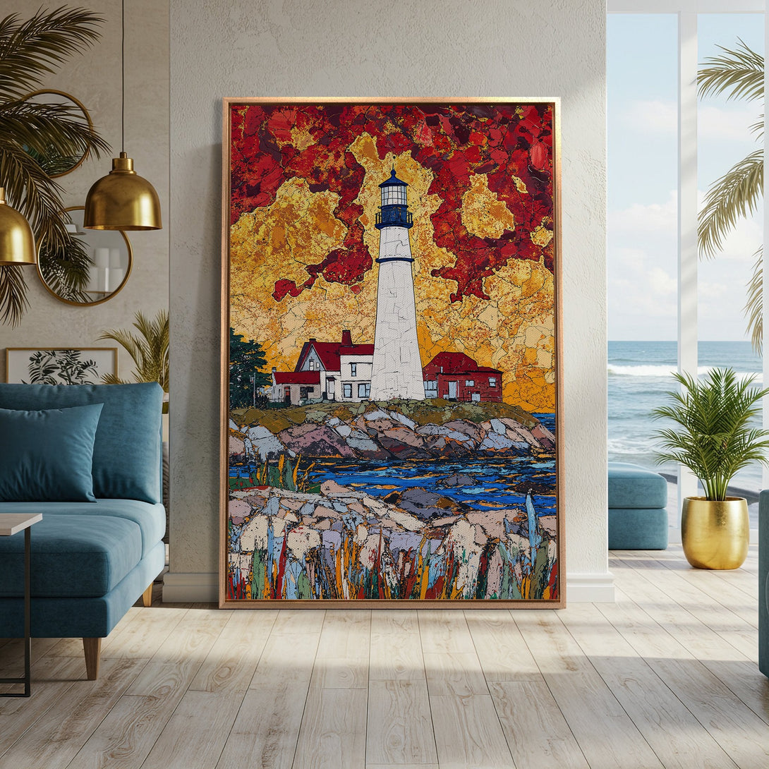 Framed Wall Art: Lighthouse painting with vibrant red, yellow, and blue color palette. Coastal art in a modern interior, perfect for home decor.