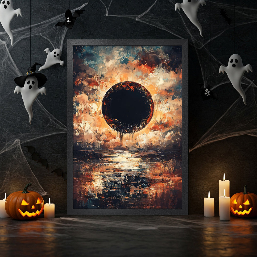 Framed Poster of an abstract landscape with a dark circle, in warm orange and blue tones, perfect Halloween decor.