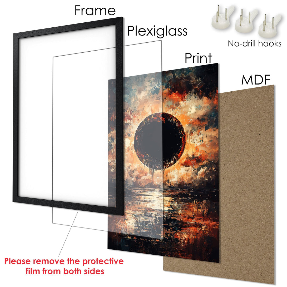 Framed Poster featuring an abstract landscape with a dark sphere, in warm orange and brown tones. Perfect wall art.