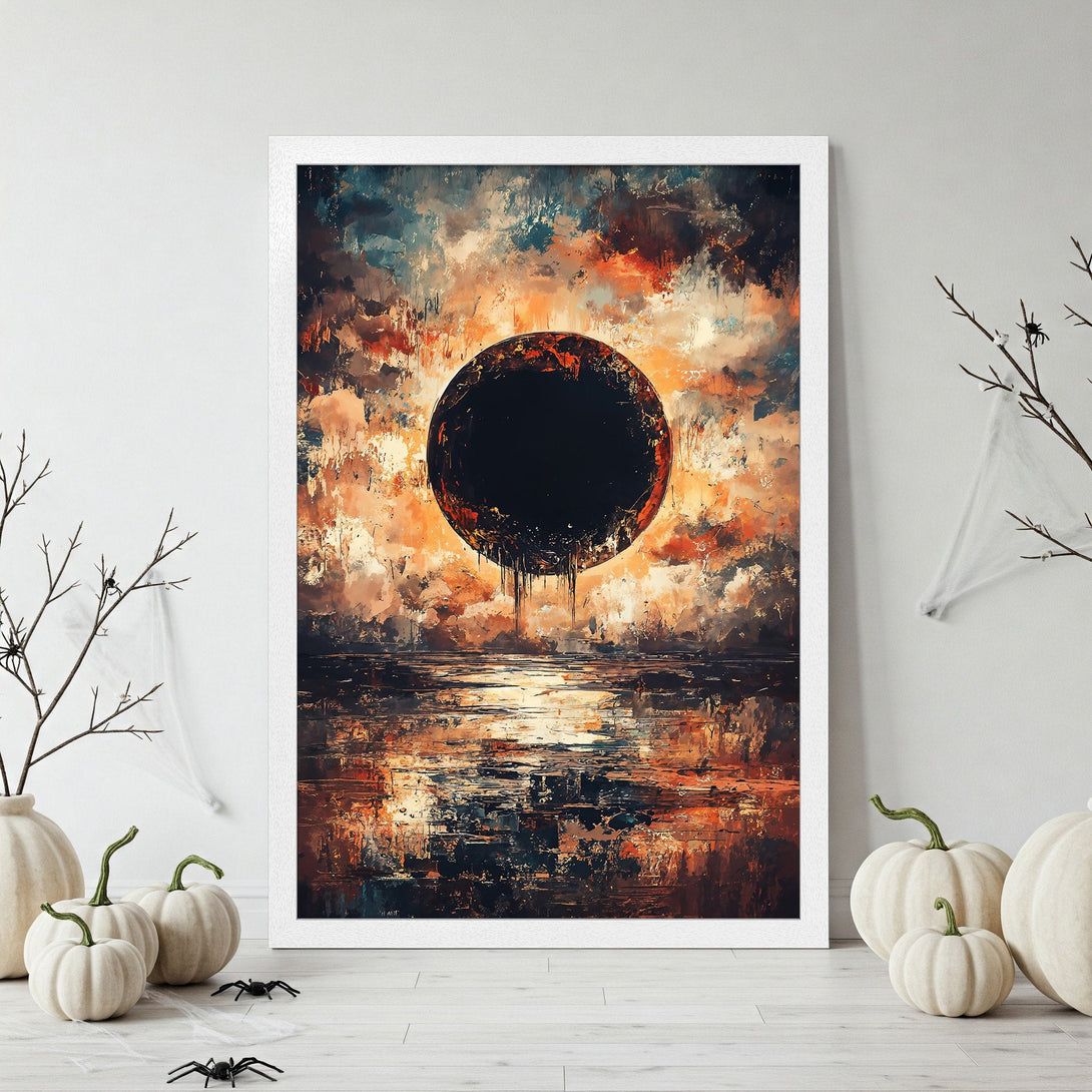 Framed Poster of abstract dark circle art with orange, blue, and brown color palette. Perfect for Halloween decor.