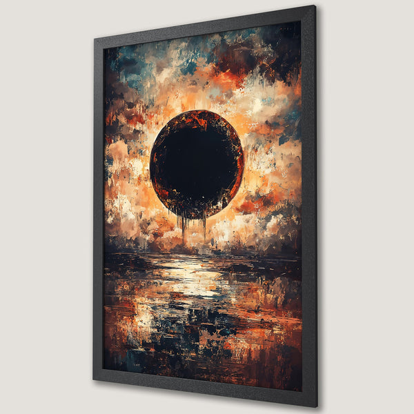 Framed Poster: Abstract art with a dark sphere, warm orange and blue tones. Stunning wall decor for your home!