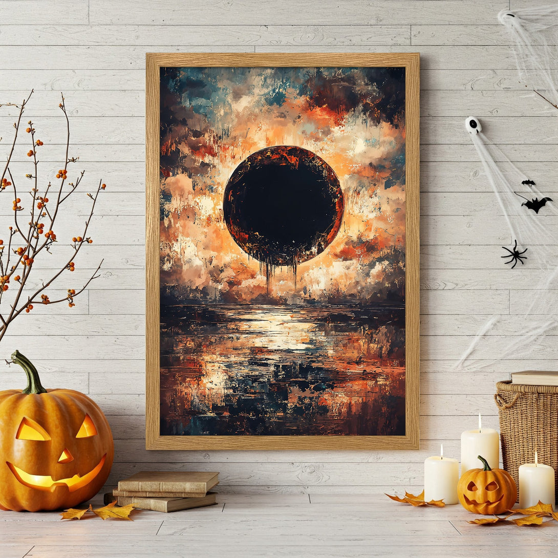 Framed Poster: Abstract art with a dark sun over water, warm orange and blue tones, perfect for Halloween decor.