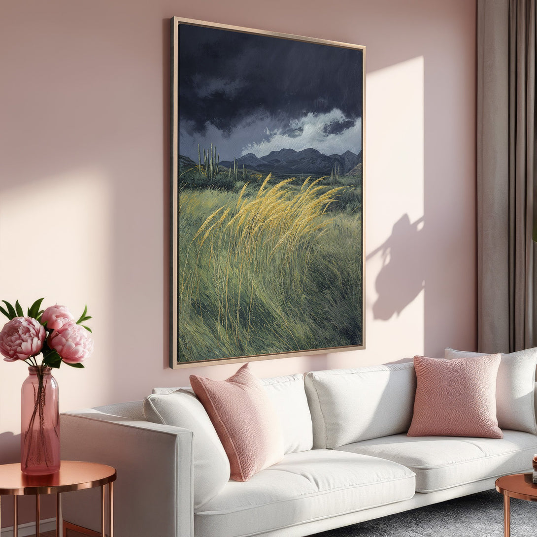 Framed Wall Art of a desert landscape in a modern living room. Earthy tones with a dark sky and golden grasses. Perfect home decor!