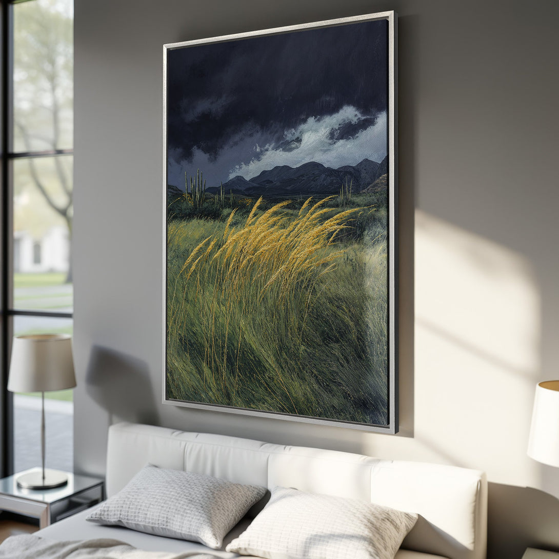 Framed Wall Art: Dramatic landscape Canvas Print with dark skies, golden grasses, and mountain range. Earthy tones for a calming, stylish interior.