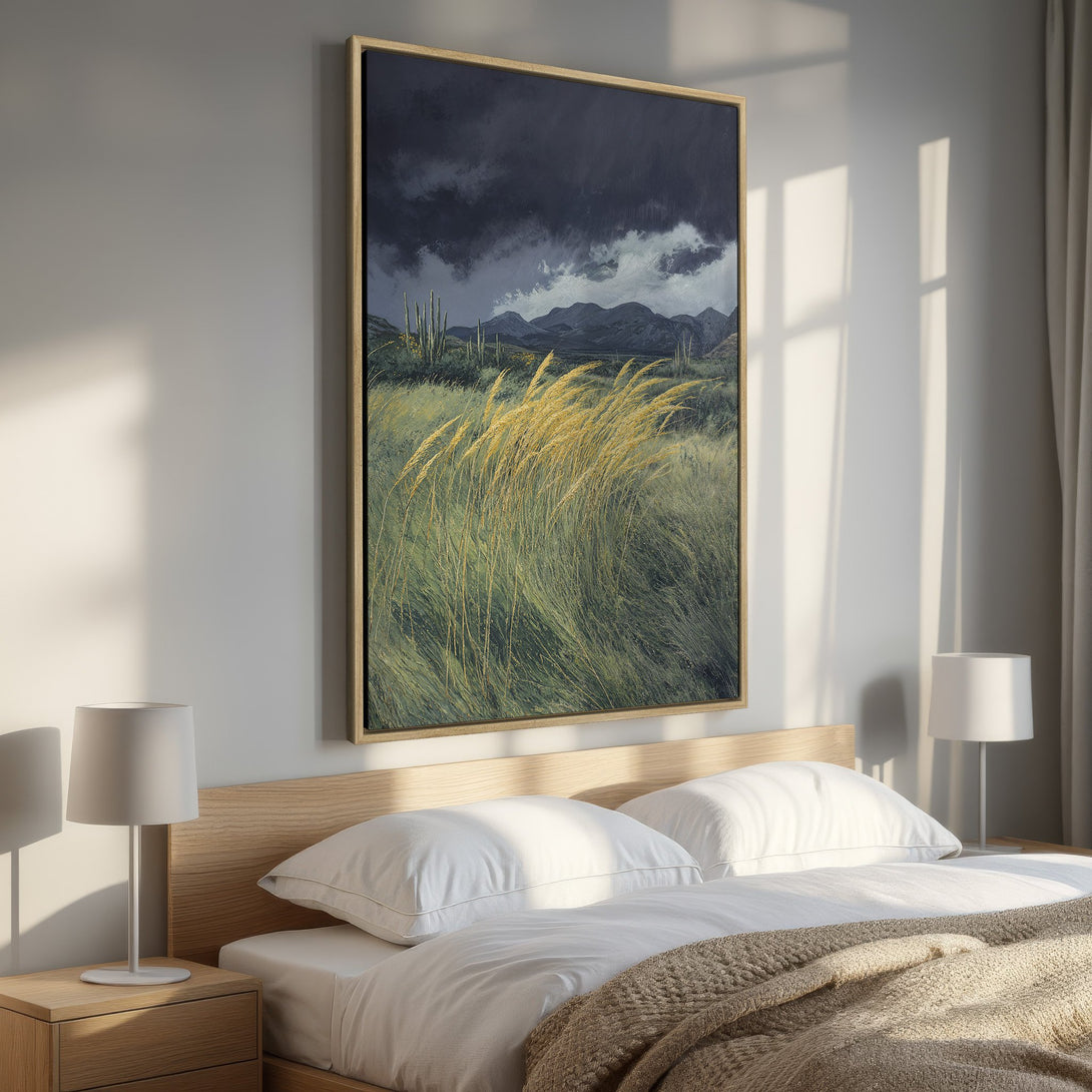 Framed Wall Art: Desert landscape Canvas Print with moody sky & warm golden grasses. Earthy tones create a calming bedroom aesthetic. Shop now!