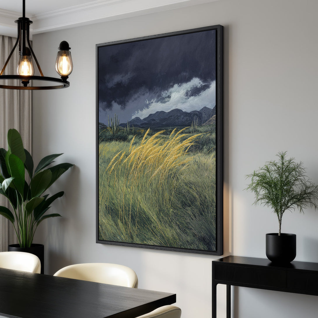 Framed Wall Art: Dramatic landscape Canvas Print in moody blues, greens, and golds. Perfect for adding a touch of nature and sophistication to your home decor.