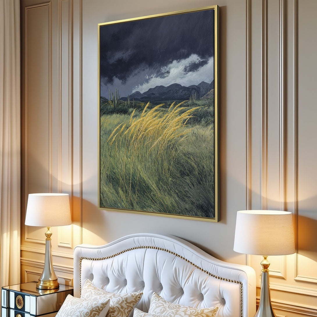 Canvas Print of a dramatic desert landscape with moody skies, featuring golden grasses and a cool, muted color palette. Perfect for any space!