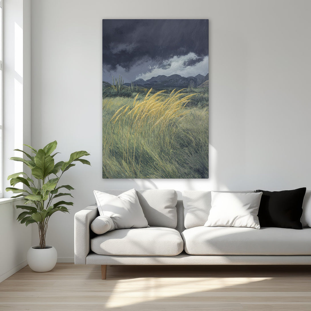 Framed Wall Art: Dramatic landscape Canvas Print with moody sky, golden grasses, and desert mountains. Earthy tones of green, gold, and grey. Elevate your space!