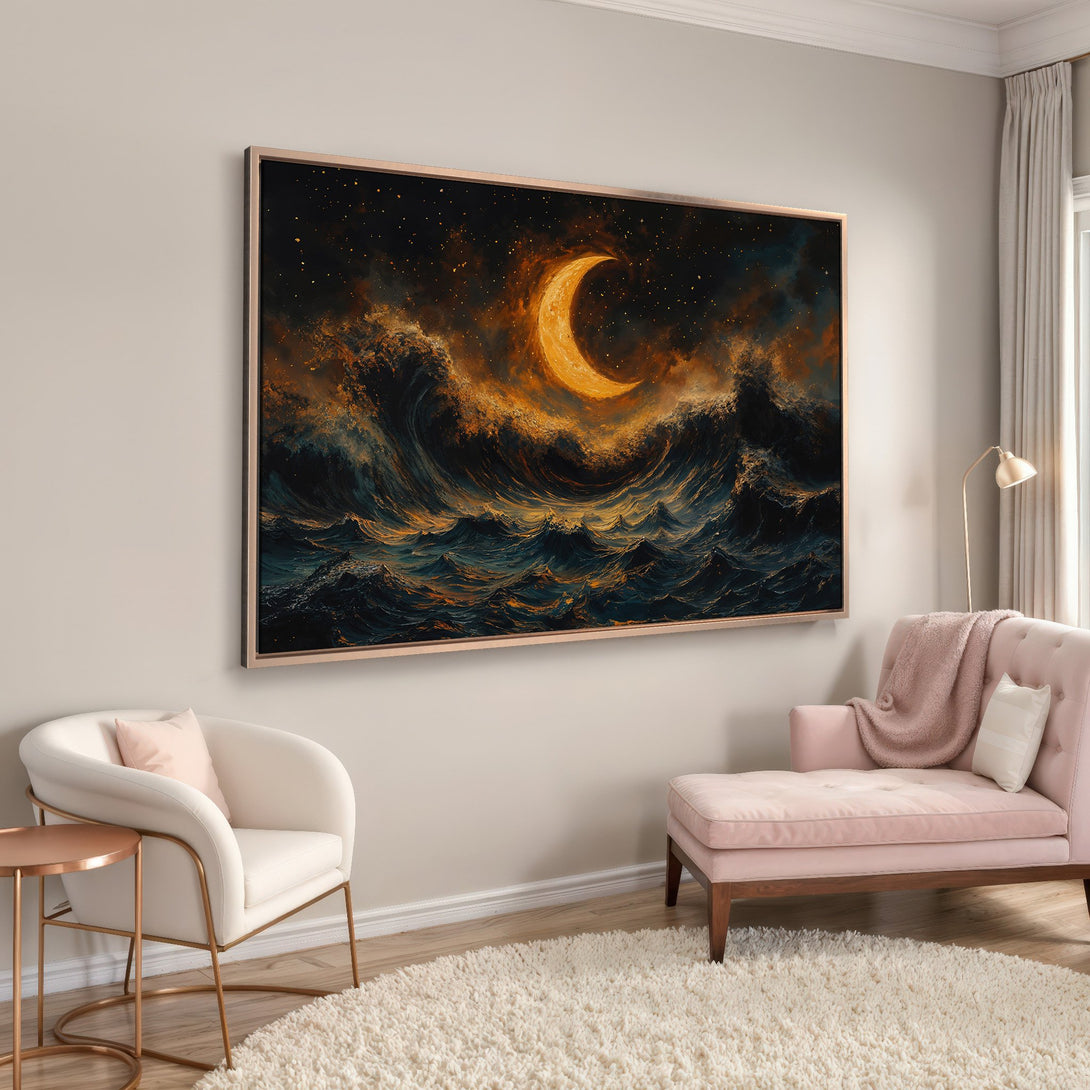 Framed Wall Art featuring a dramatic moonlit ocean scene in a warm, dark blue and gold color palette, perfect for adding a touch of art to your home.
