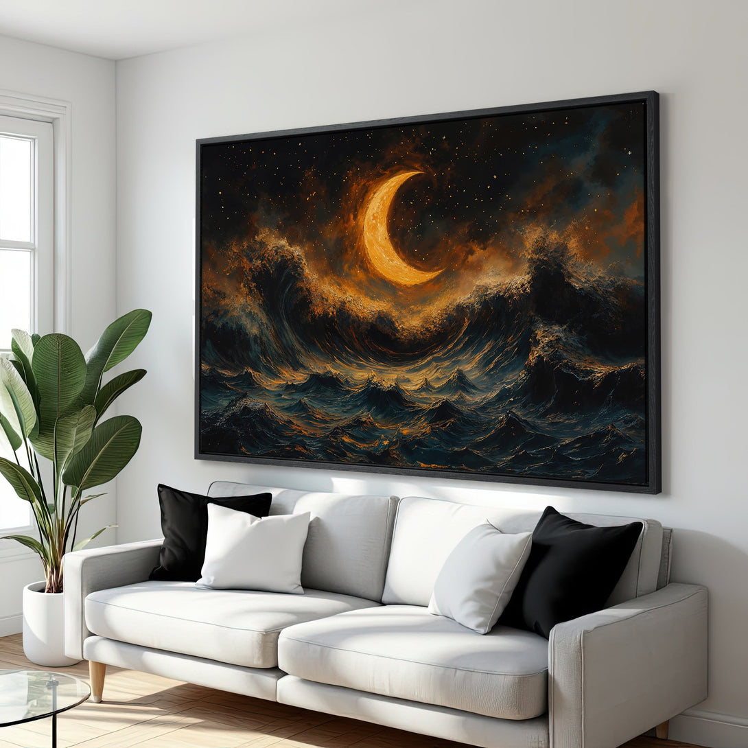 Framed Wall Art: Dramatic ocean scene with a glowing moon, in a dark blue, orange, and gold color palette. Perfect for adding a touch of art to your home.