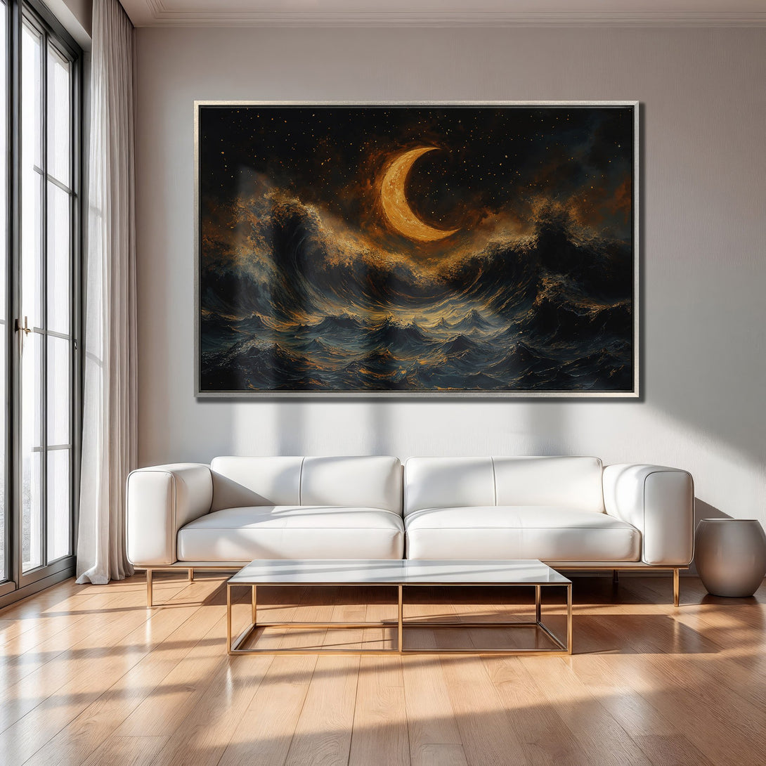 Framed Wall Art: Dramatic moonlit ocean scene in gold and navy tones. Modern interior decor. Canvas print for living room or bedroom.
