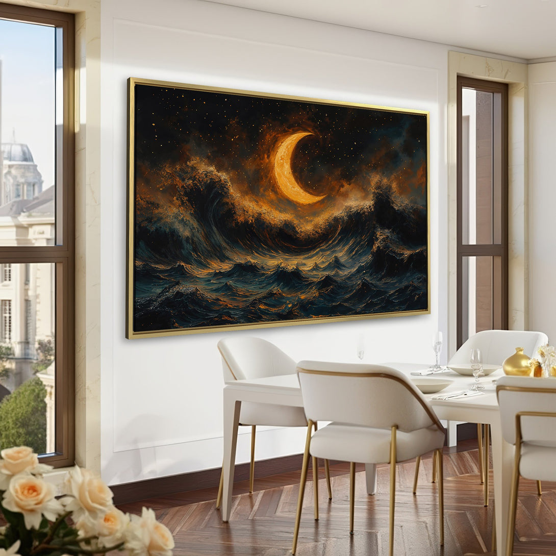 Canvas Print of a moonlit seascape in a dark, moody color palette. Perfect for adding drama and style to any room.