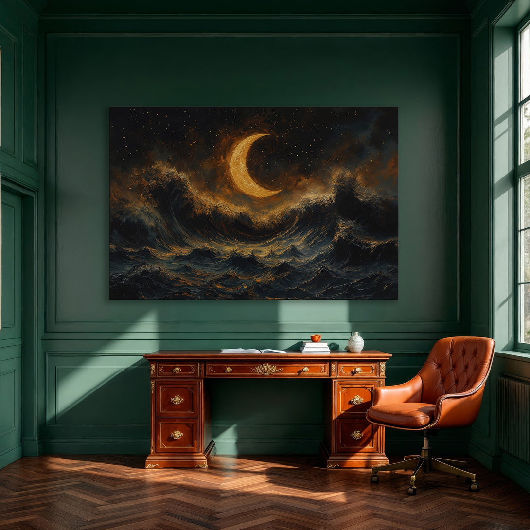 Framed Wall Art featuring a dramatic moonlit ocean scene in a dark, moody color palette. Perfect for adding a touch of elegance to any space.