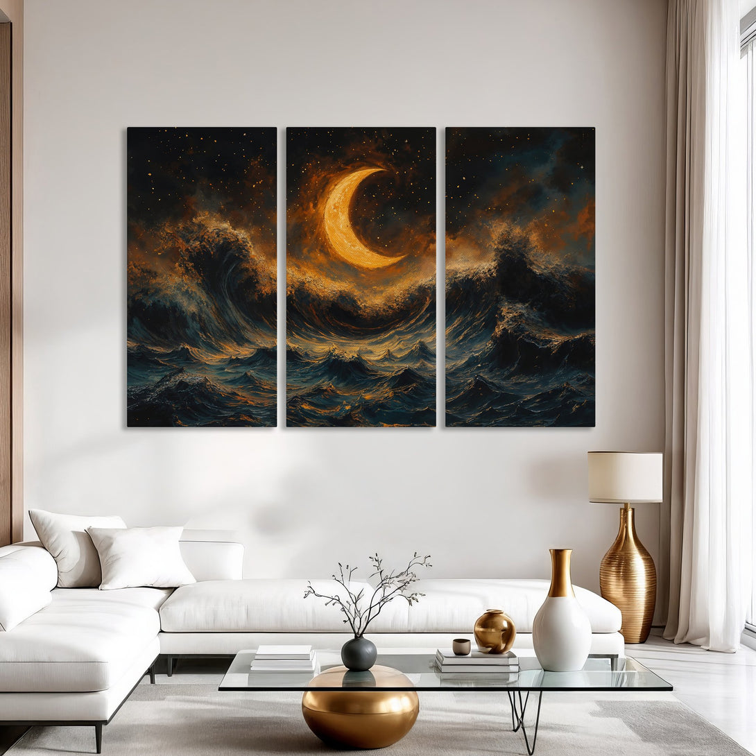 Canvas Print of a crescent moon over stormy waves, in a dramatic, artistic style with a dark blue and gold color palette.