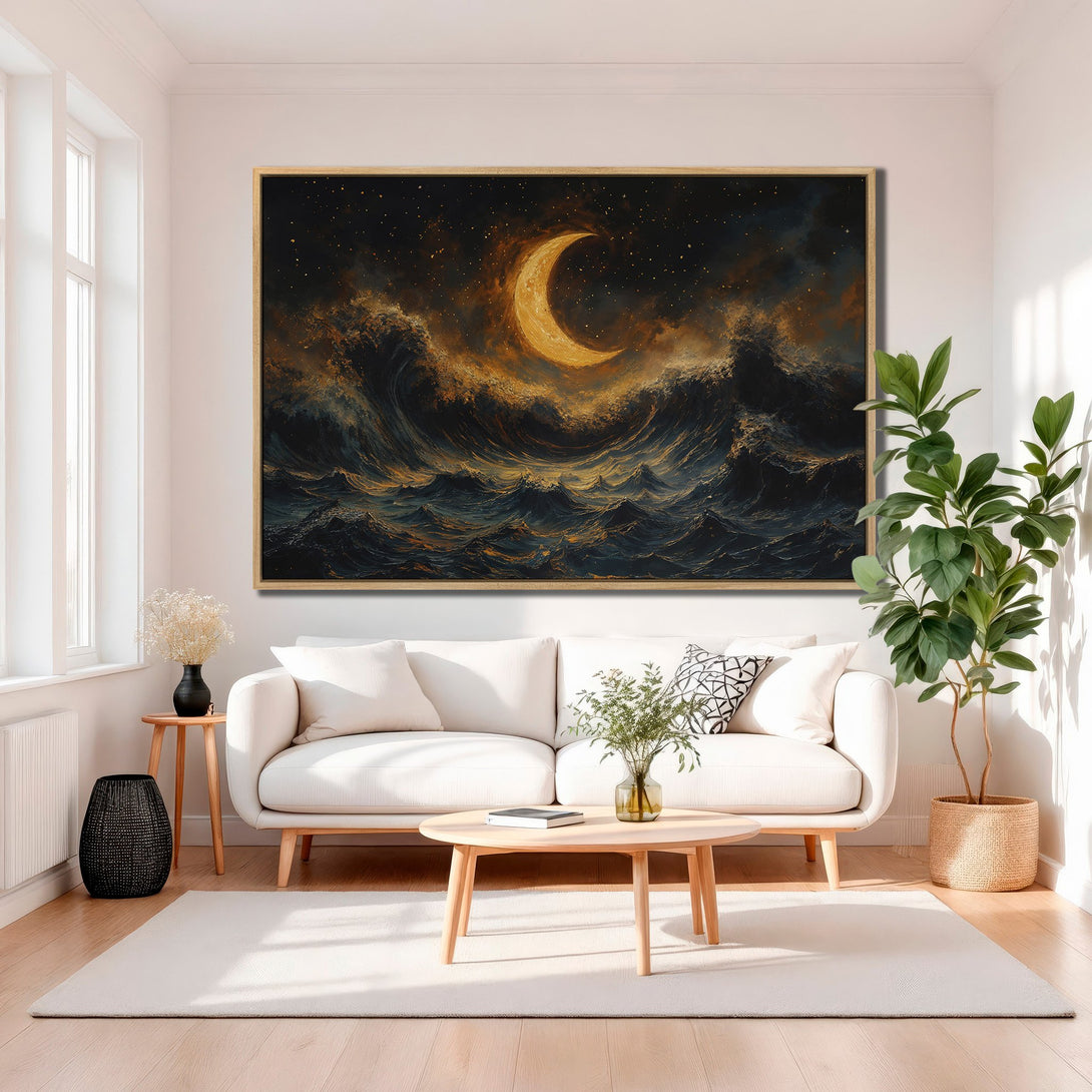 Framed Wall Art: Dramatic moonlit seascape Canvas Print, perfect for living room decor. Features a dark, moody color palette with gold and blue tones.