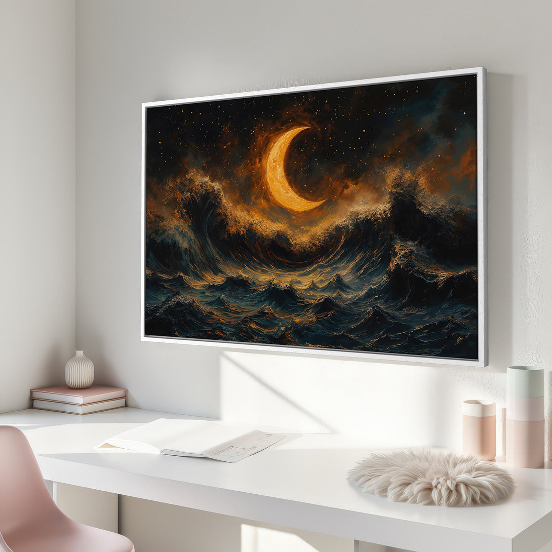Framed Wall Art: Dramatic ocean scene with a crescent moon, in a dark blue and gold color palette. Perfect for adding a touch of mystery to your home.