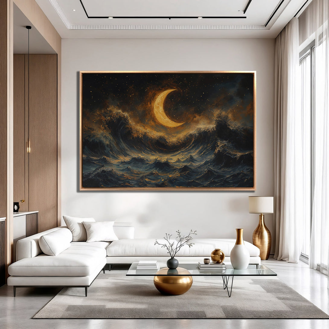 Framed Wall Art: Dramatic moonlit ocean scene in a gold and navy color palette. Perfect for adding a touch of art to your modern interior.