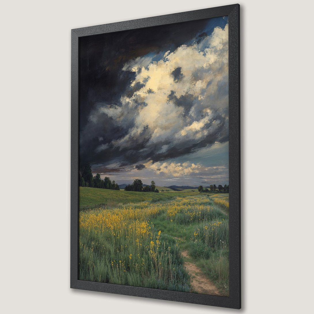 Framed Poster of a dramatic landscape painting. Features a stormy sky with yellow and green fields. A beautiful piece of art!