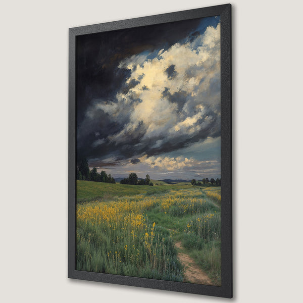 Framed Poster of a dramatic landscape painting. Features a stormy sky with yellow and green fields. A beautiful piece of art!