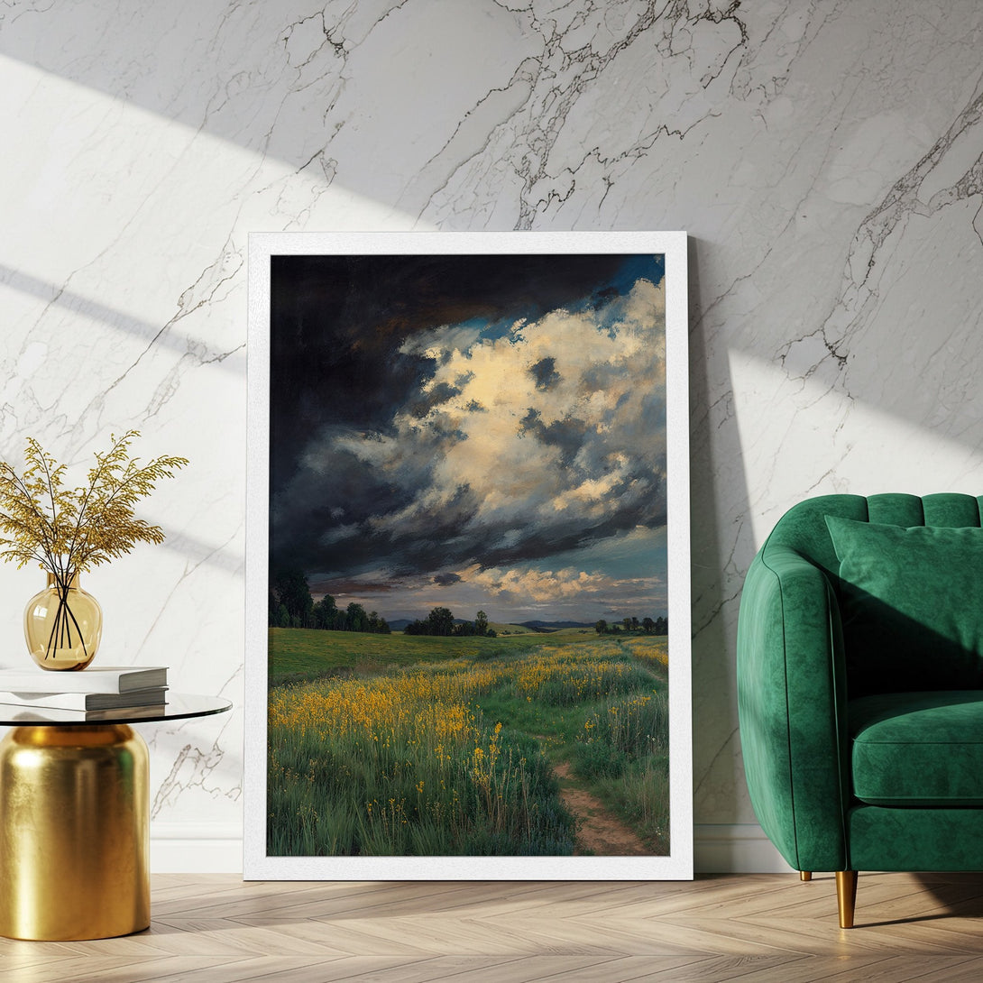 Framed Poster of a dramatic landscape painting, featuring a field of yellow flowers under a stormy sky. Earthy tones with pops of yellow and green.