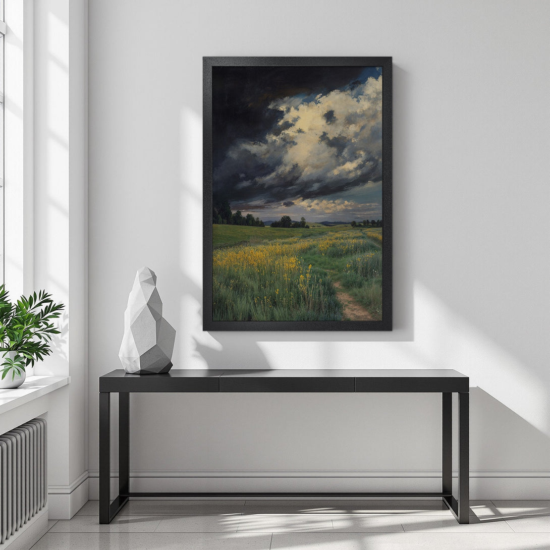 Framed Poster of a dramatic landscape painting. Features a dark, moody sky and a field of yellow flowers. Beautiful home decor.