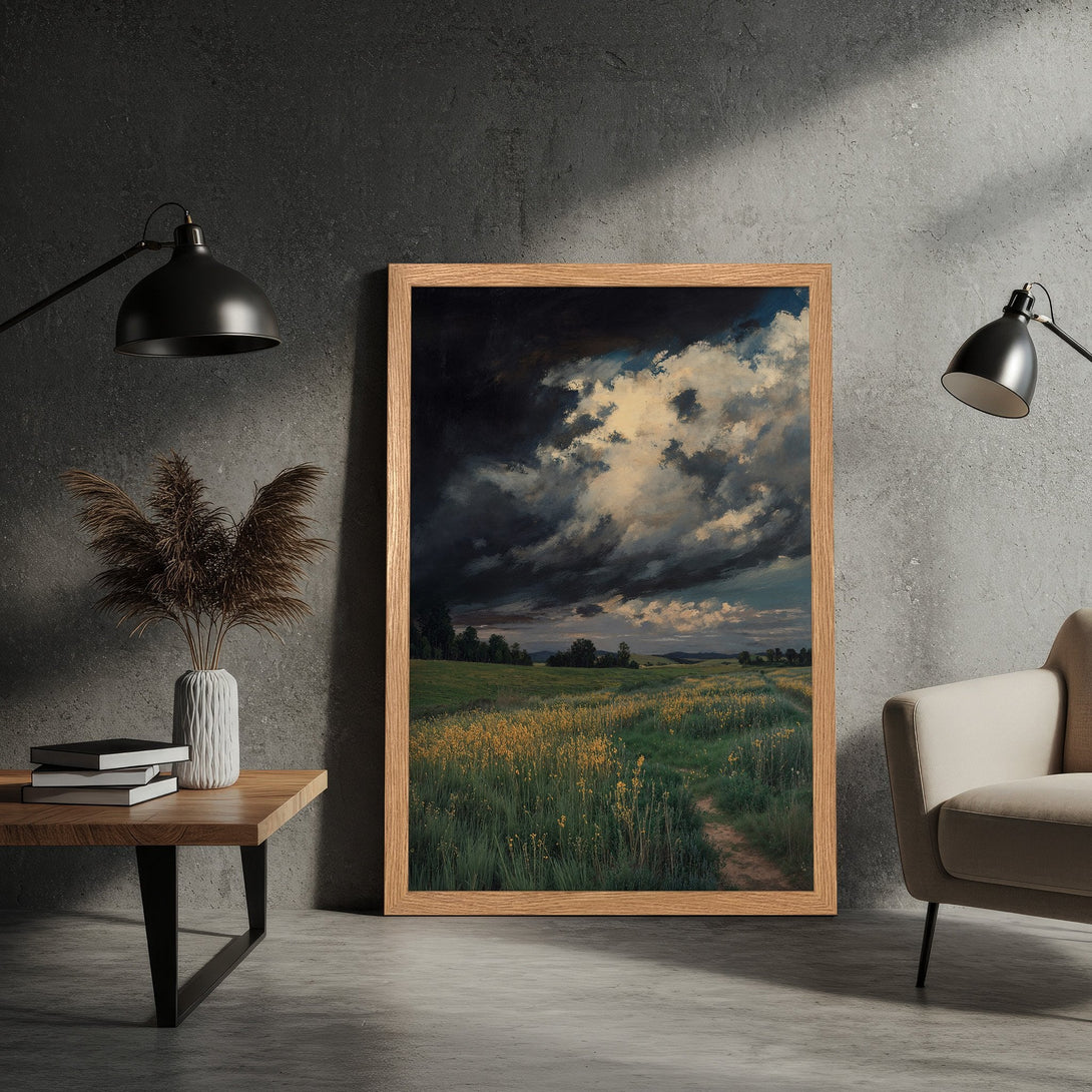 Framed Poster featuring a dramatic landscape painting with dark clouds, a field of yellow flowers, and a green and brown color palette.