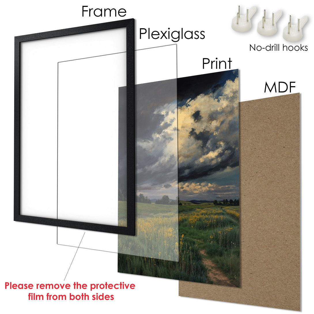 Framed Poster featuring a landscape painting with a dramatic sky and golden field. Warm, natural color palette. Ready to hang art!