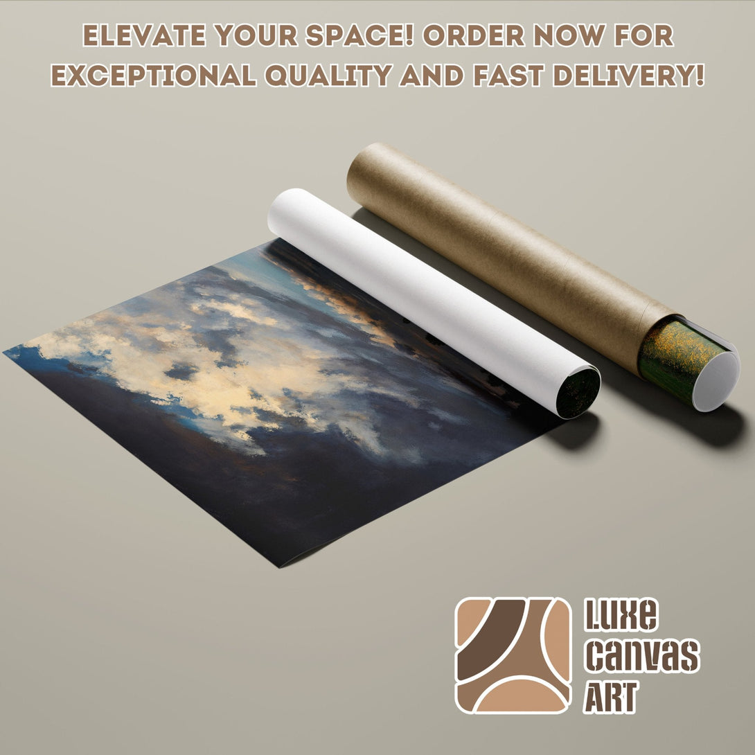 Poster Roll featuring a dramatic sky painting, with a dark blue and gold color palette. Elevate your space!