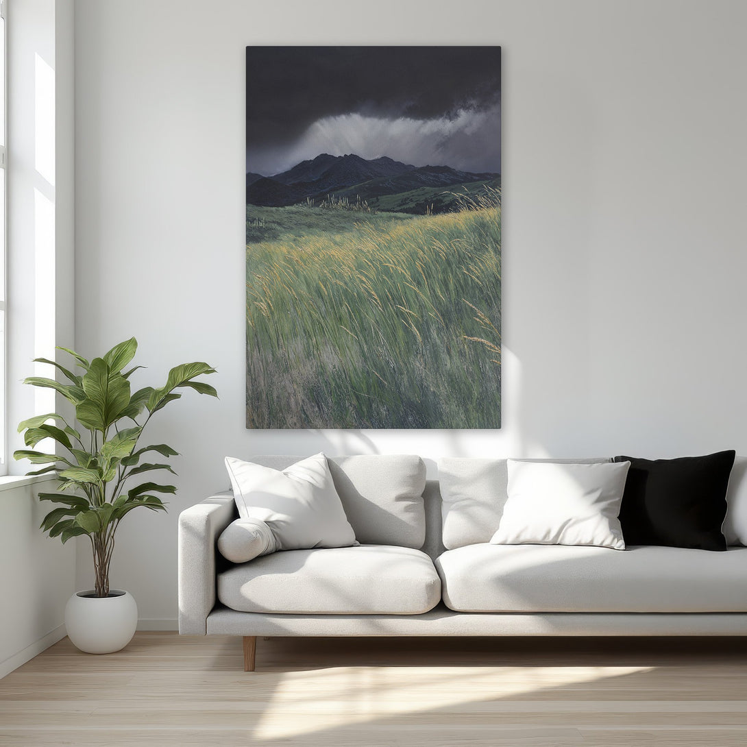 Framed Wall Art: Dramatic landscape Canvas Print with moody green and gold tones, perfect for adding elegance to your home decor.
