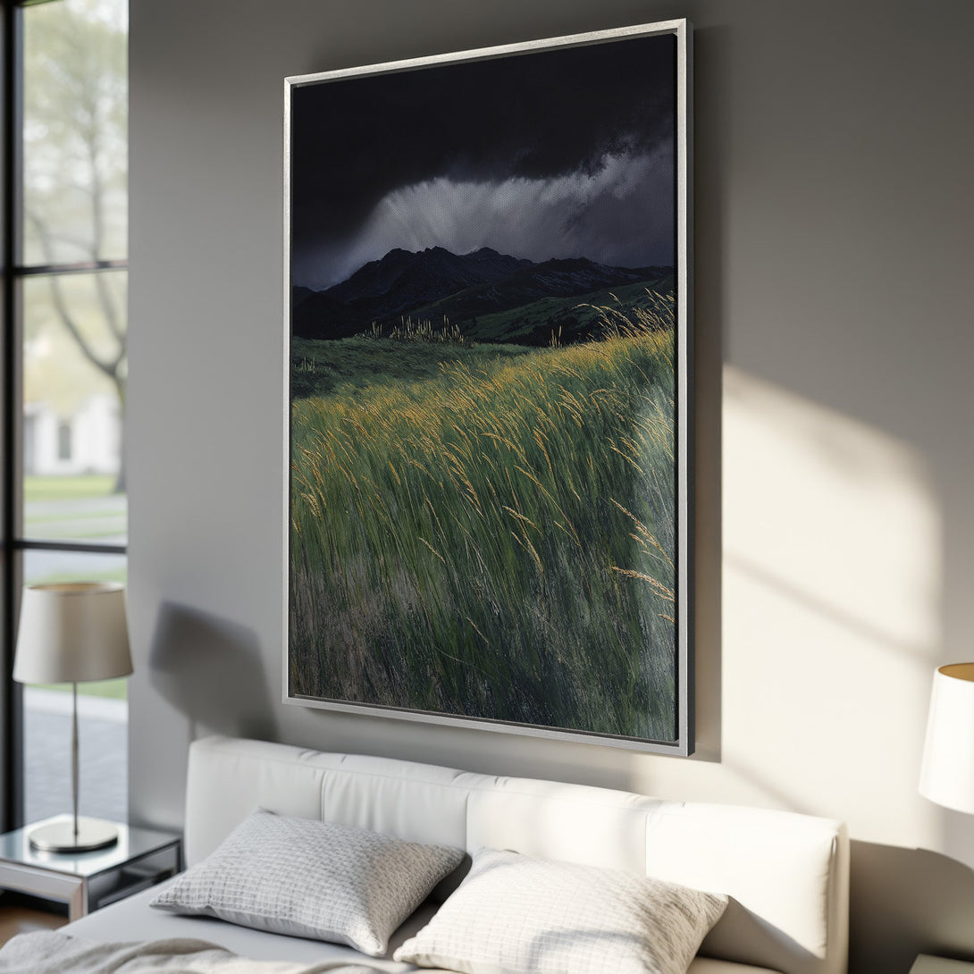 Framed Wall Art: Dramatic landscape Canvas Print with moody sky and grassy field. Earthy green, gold, and dark tones create a calming, natural aesthetic.