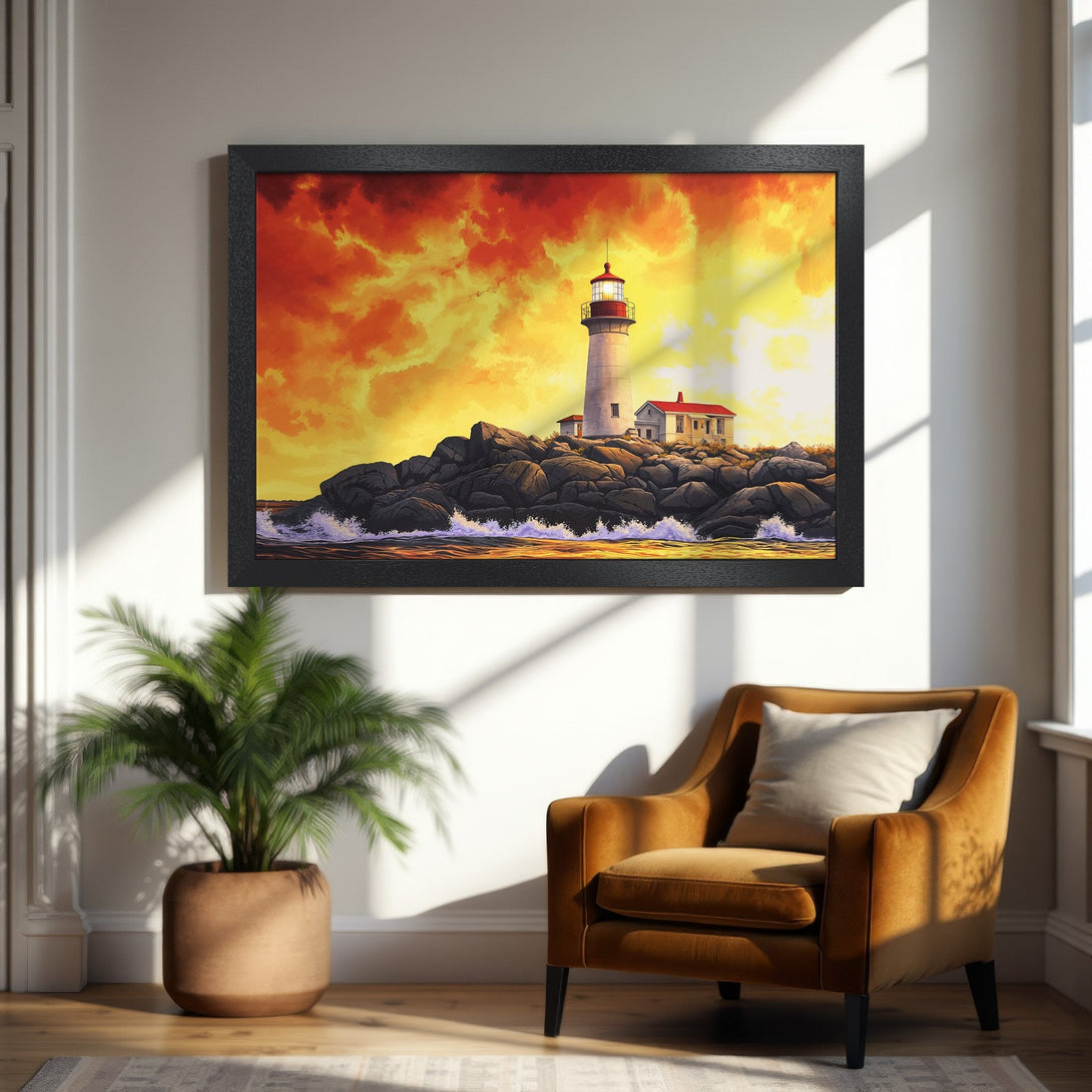 Framed Poster of a lighthouse at sunset. Artistic style with warm orange and yellow tones. Perfect wall art for any room.