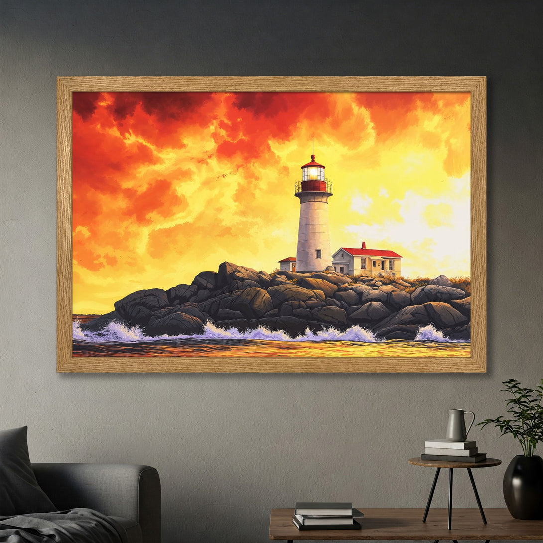 Framed Poster of a lighthouse at sunset. Coastal art in warm orange and yellow tones. Perfect wall decor for any space.