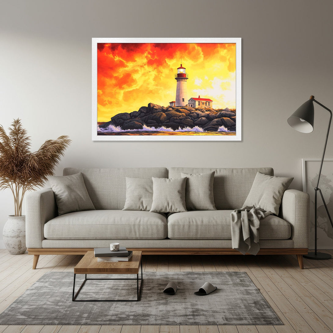 Framed Poster of a lighthouse at sunset. Warm orange and yellow hues create a stunning coastal art print. Perfect for home decor.