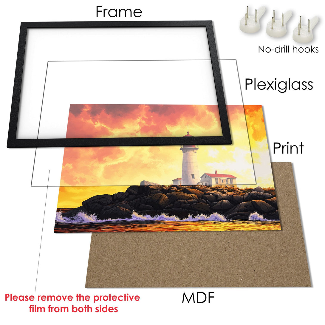 Framed Poster of a lighthouse at sunset. Coastal art print in warm orange, yellow, and black tones. Ready to hang art.
