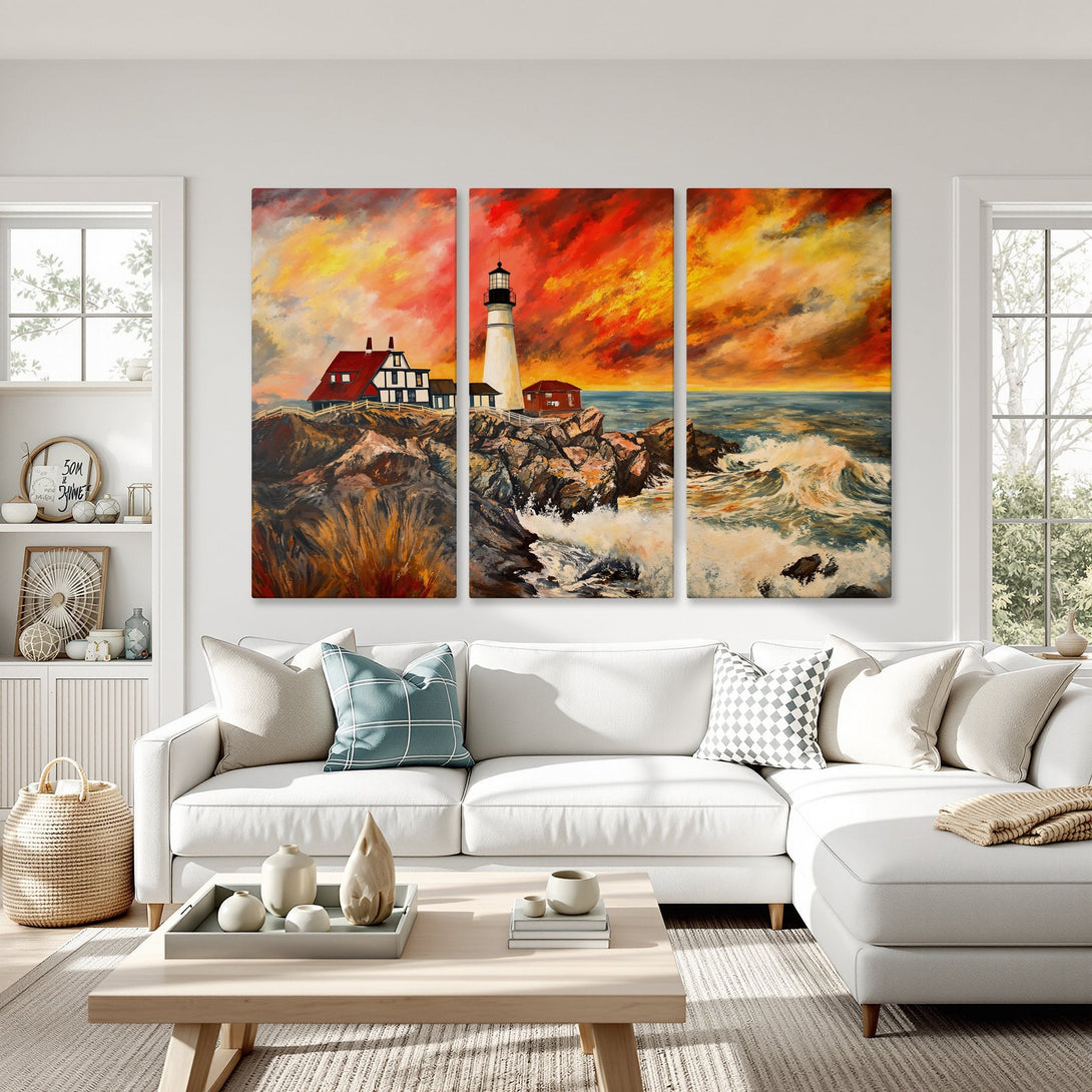 Canvas Print of a lighthouse painting in warm orange and red tones, adding coastal charm to a living room.