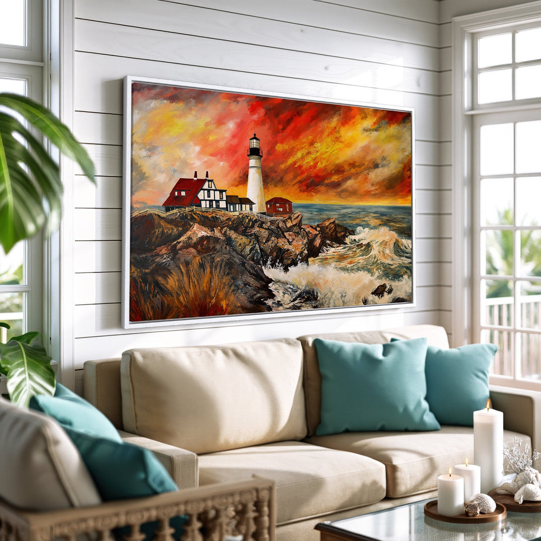 Framed Wall Art: Lighthouse painting with vibrant sunset sky. Coastal style canvas print with warm red, orange, and blue tones, perfect for home decor.