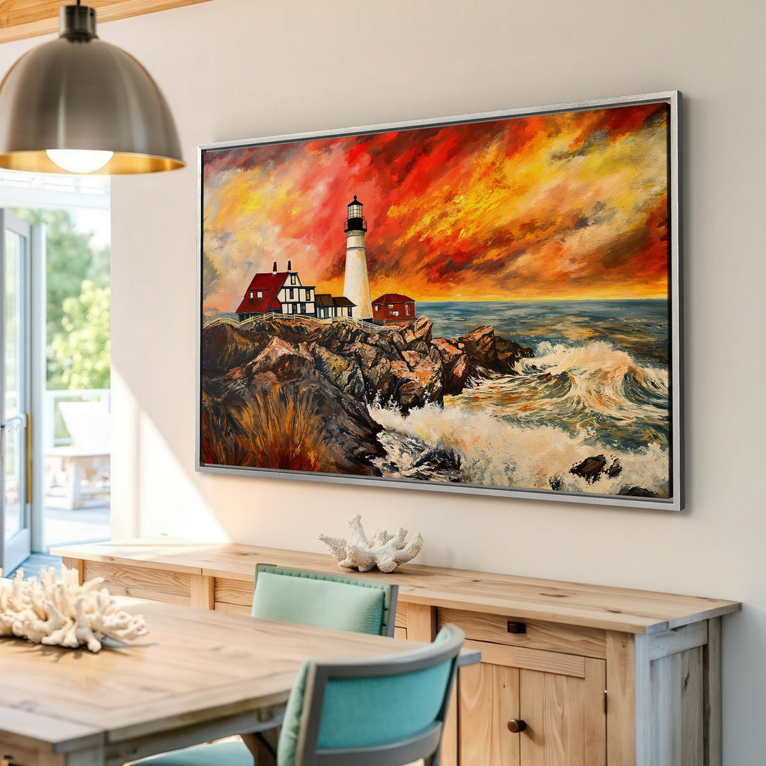Framed Wall Art: Lighthouse Canvas Print with vibrant sunset sky. Coastal art in warm orange, red, and yellow tones. Enhance your home decor with this beautiful artwork.