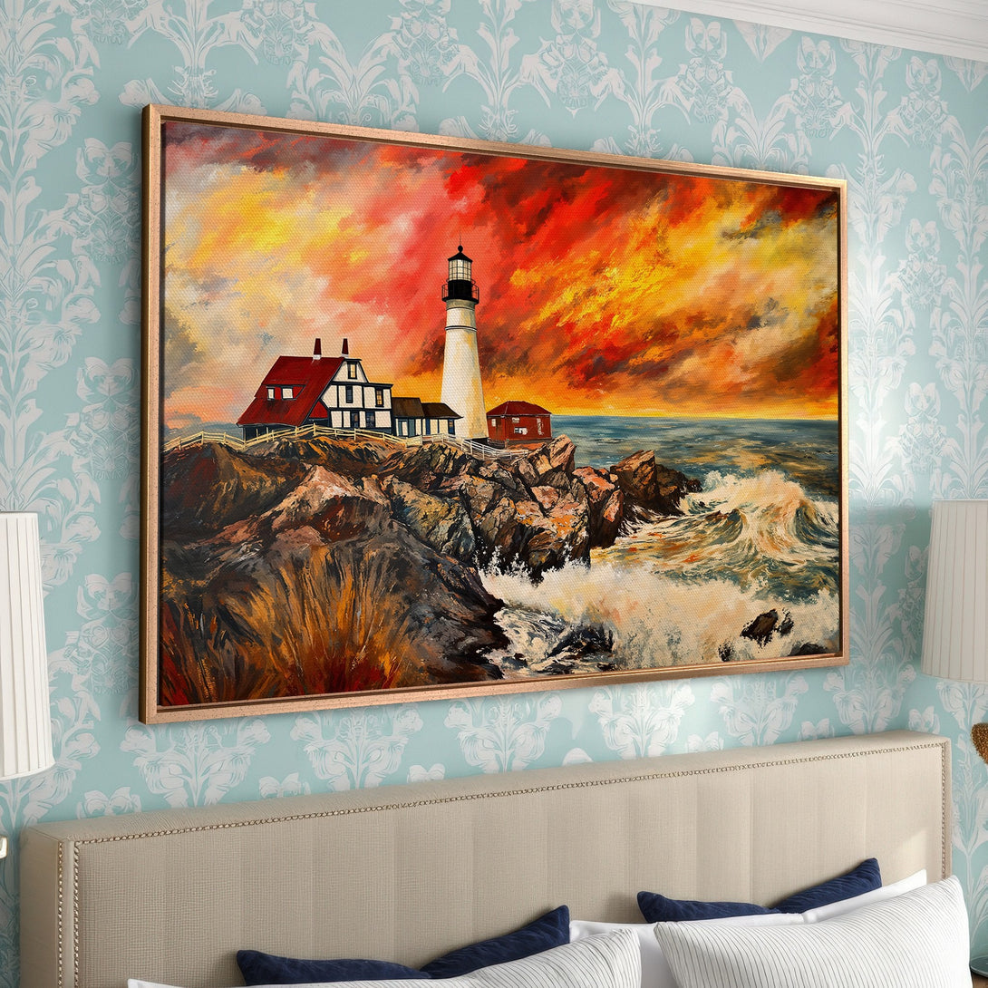 Framed Wall Art: Dramatic lighthouse painting with fiery sunset sky. Coastal art in warm red, orange, and yellow tones. Perfect for bedroom decor.