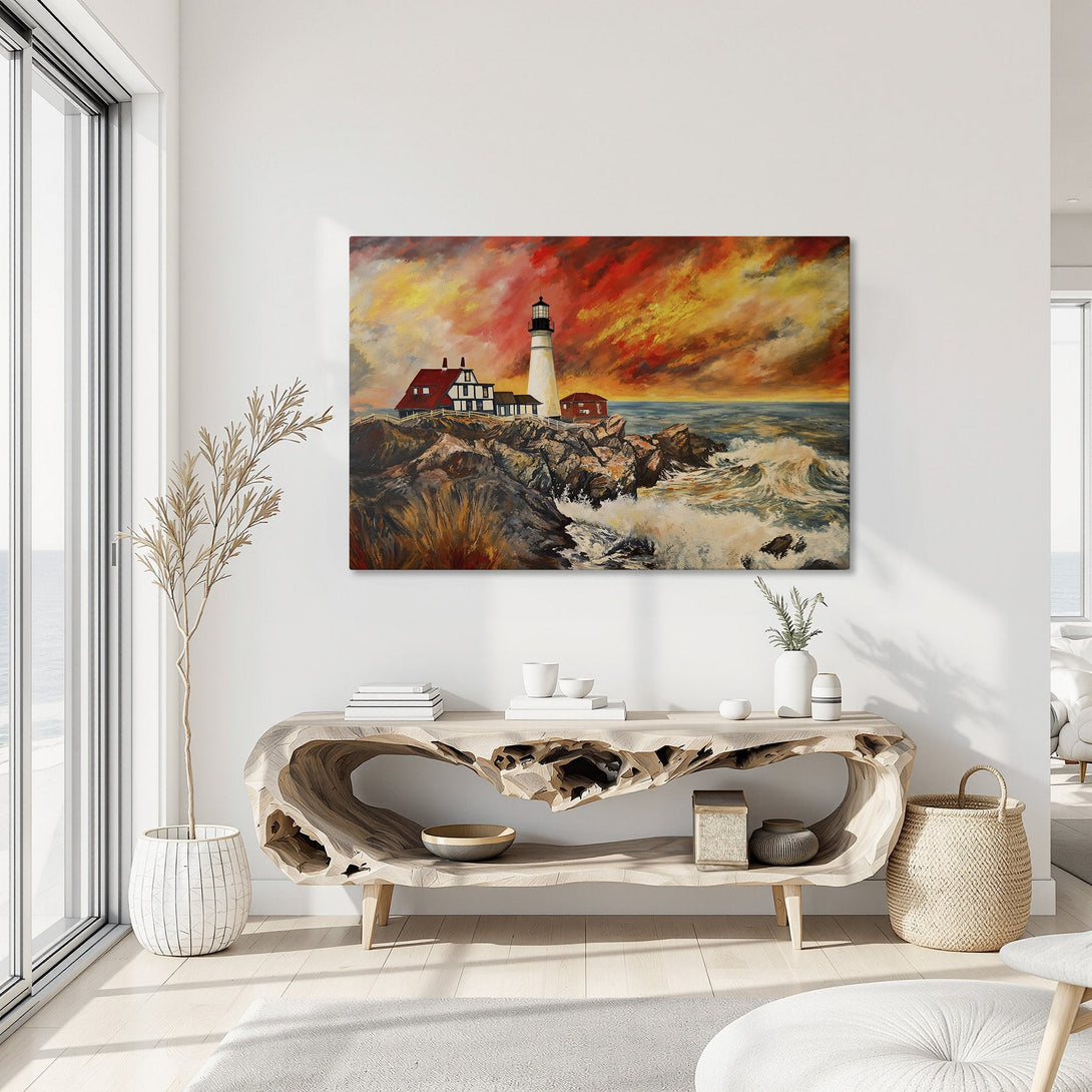 Framed Wall Art: Lighthouse painting with fiery sunset, vibrant orange and red hues. Coastal art for home decor.